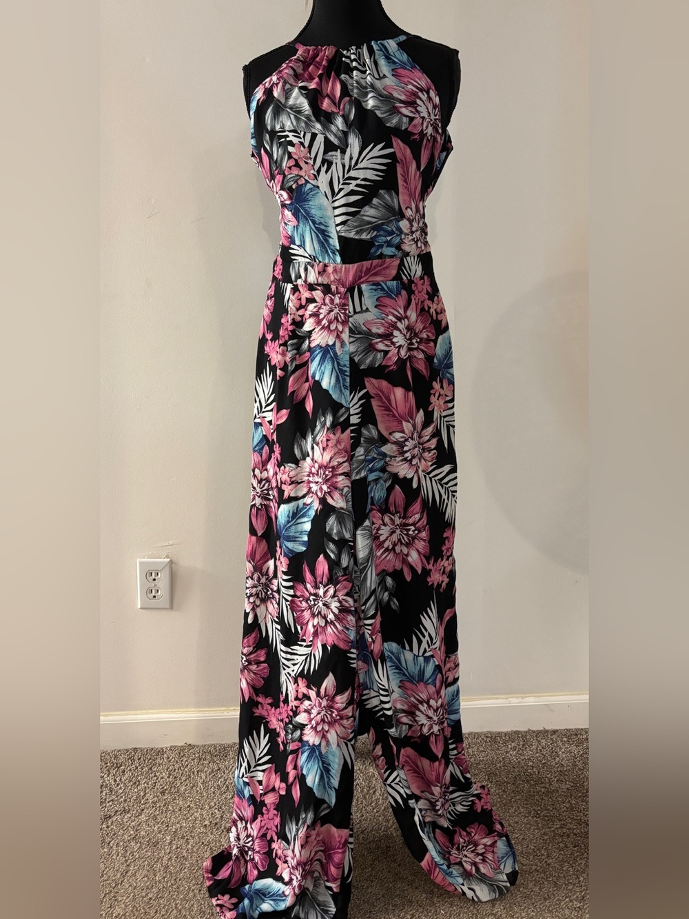 Floral Wide-Leg Jumpsuit in Black and Pink